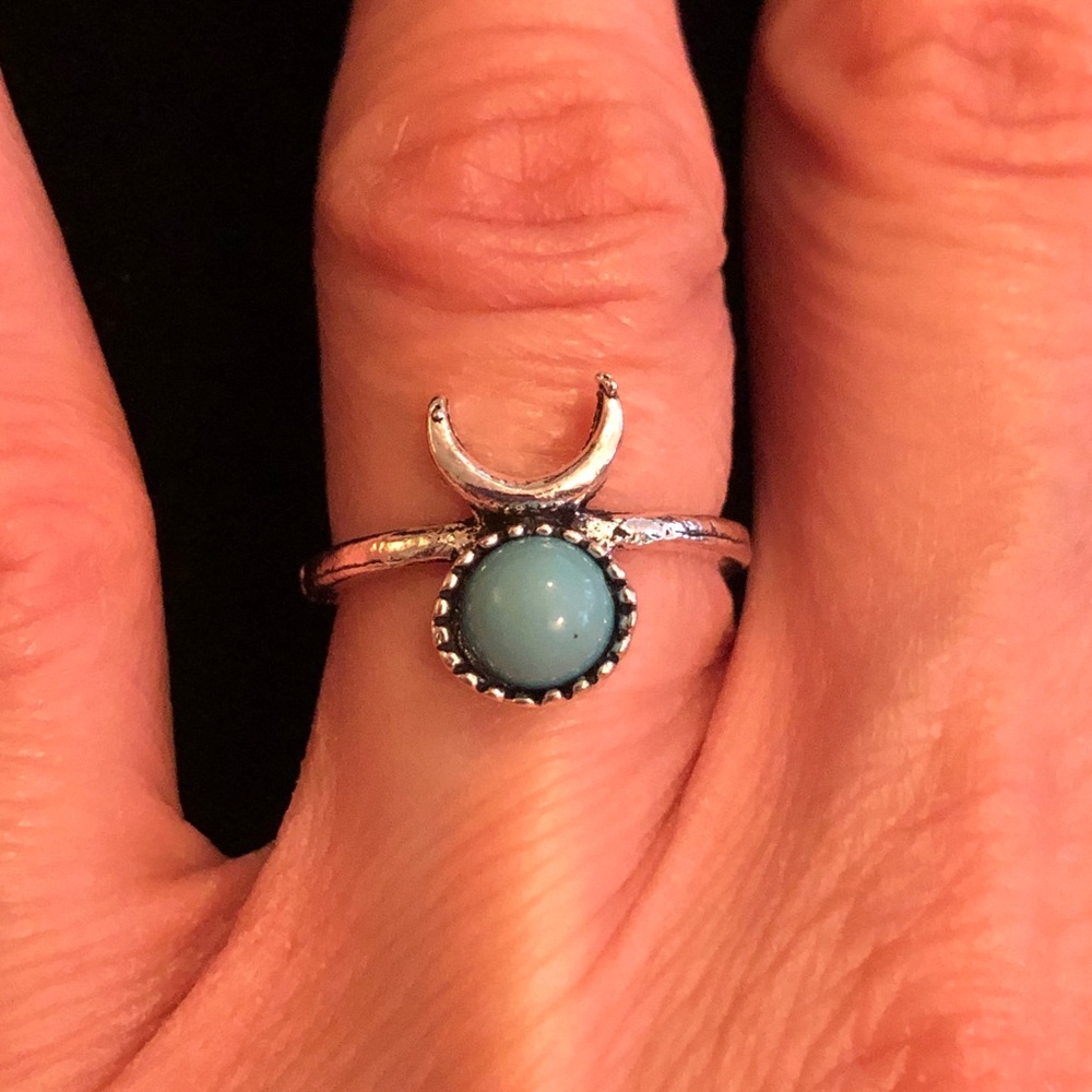 Silver Tone and Blue Faux Stone Crescent Moon Ring
